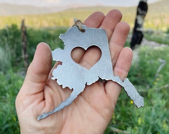 Alaska State Ornament Made from Recycled Raw Steel Christmas Tree Decoration Stocking Stuffer House Warming Gift Cabin Rustic Farmhouse