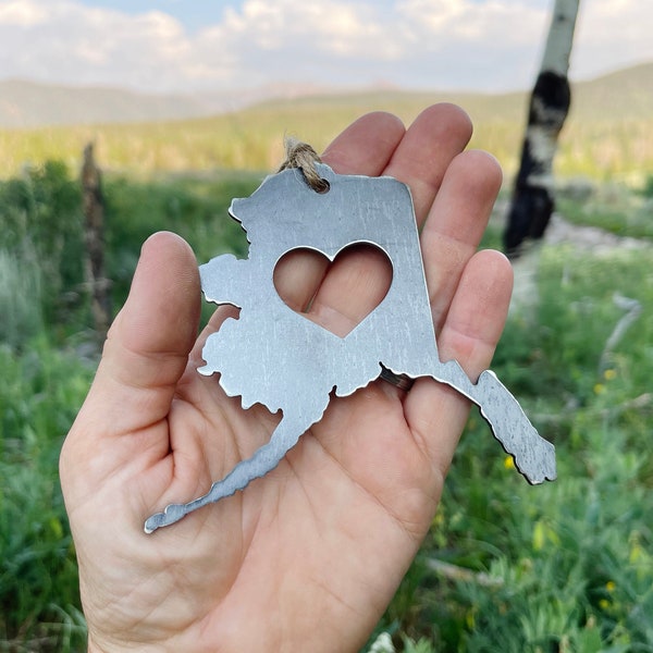 Alaska State Ornament Made from Recycled Raw Steel Christmas Tree Decoration Stocking Stuffer House Warming Gift Cabin Rustic Farmhouse