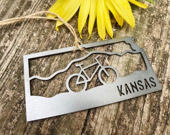 Kansas State Mountain Biking Ornament made from Recycled Steel Eco Friendly Switchgrass Wyco Topeka Air Capital Bike Trails Adventure