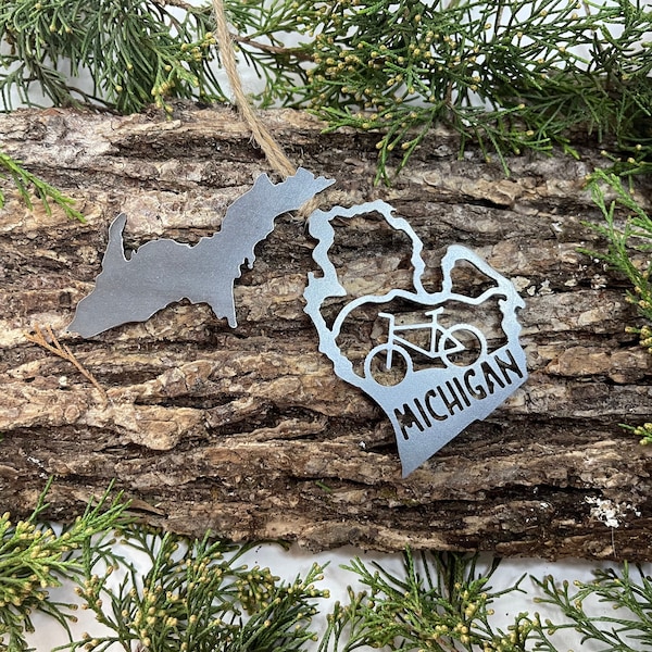 Michigan State Mountain Bike Raw Steel Ornament Heirloom Biking Gift Sustainable Gift Trail Rides Cycle Maple Hill Trail Cooper Harbor Trail