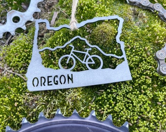 Oregon State Mountain Bike Ornament made from Raw Steel Biking Adventure Gift Sustainable Gift MADE in USA by US