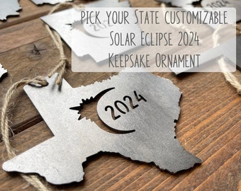 Pick your STATE 2024 Solar Eclipse Metal Ornament made from Raw Steel Sustainable Gift Eco Friendly Sun Moon Event