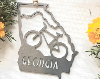 Georgia State Mountain Bike Ornament made from Raw Steel Sustainable Gift Cycle Biking Adventure Atlanta Trails Blue Ridge Mountains Gift