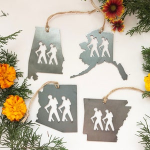 Pick your STATE HIKER Ornament made from Raw Steel Sustainable Gift Adventure Trails Mountain Number of hiker cutouts is NOT an option image 5