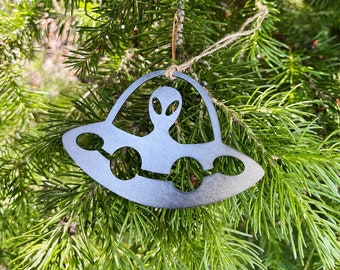 UFO Spacecraft with Alien Ornament made from Raw Steel Sustainable Metal Christmas Tree Decor Martian Outer Space Being Stocking Stuffer