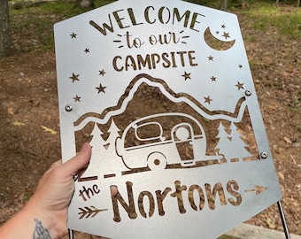 Welcome to our Campsite Sign with Personalized Name made from Raw Steel Travel Trailer Mountain Camping