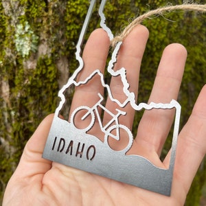 Idaho State Mountain Bike Ornament made from Recycled Steel Explore Biking Trails Adventure Woodland Mountains National Parks Christmas Gift