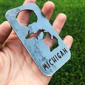 Michigan State Bottle Opener made Raw Steel Home State Gift Office party Rustic Farmhouse Kitchen Cabin Wet Bar Detroit Grand Rapids Wedding