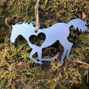 Horse Running Christmas Ornament / Made from Raw Steel / Personalize / Rustic Farmhouse / Mustang Galloping / Horses / Western Tree Decor