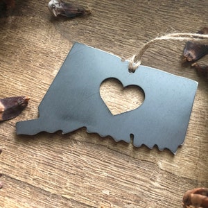 Connecticut State Ornament Made from Recycled Raw Steel Christmas Tree Decoration Host Gift Wedding Gift Housewarming Gift Rustic Metal with Heart