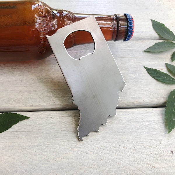 Indiana State Bottle Opener made from recycled Raw Steel Rustic Farmhouse Kitchen Wet Bar Beer Soda Pop Host Gift Wedding Gift Indianapolis