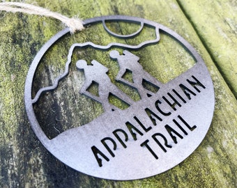 Appalachian Trail Mountain Hiker Metal Ornament made from Rustic Raw Steel Hiking Partner Buddy Gift Sustaibale Gift made in the USA by US