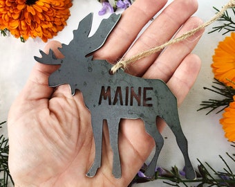 Maine Moose Ornament made from Raw Sustainable Recycled Steel Christmas Tree Holiday Gift Cabin Hunting Modern Rustic Mountain Home