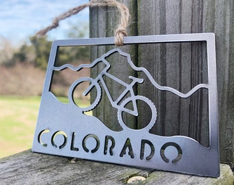 Colorado State Mountain Biking Ornament made from Recycled Steel Eco Friendly Rocky Mountain Mesa Verde Estes Park Vail Denver Fort Collins