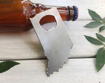 Indiana State Bottle Opener made from recycled Raw Steel Rustic Farmhouse Kitchen Wet Bar Beer Soda Pop Host Gift Wedding Gift Indianapolis