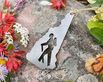 New Hampshire State Hiker Metal Christmas Ornament Rustic Raw Steel NH Holiday Tree Decor Explore Hiking Hike Trails Mountains Outdoors