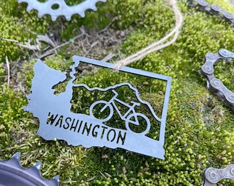 Washington State Mountain Bike Raw Steel Ornament Biking Adventure Gift Mt Rainer Olympic North Cascades National Park MADE in USA by US