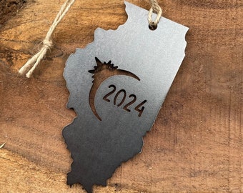 Illinois Eclipse Totality 2024 Commemorative Metal Ornament Made from Raw Steel Anniversary Gift Rustic Cabin Christmas