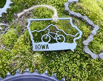 Iowa State Mountain Bike Ornament made from Raw Steel Anniversary Gift Biking Adventure Gift Sustainable Gift MADE in USA by US