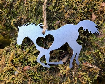 Horse Running Christmas Ornament / Made from Raw Steel / Personalize / Rustic Farmhouse / Mustang Galloping / Horses / Western Tree Decor