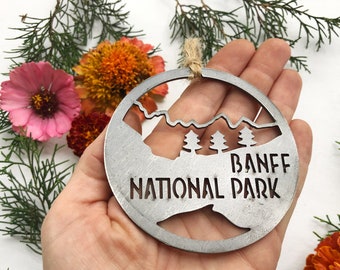 Banff National Park Ornament made from recycled steel Alberta Canada Explore Adventure Forest Woods Climb Mountain Hiking Christmas Ornament