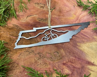 Tennessee State Mountain Bike Ornament made from Raw Steel Great Smokey Mountains Outdoor Adventure Sustainable Gift Explore the Trails