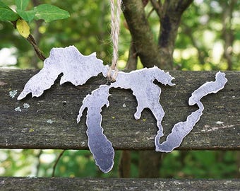 Great Lakes Rustic Raw Steel Christmas Ornament Recycled Metal Lake life Tree Holiday Gift Wedding Favor By BE Creations