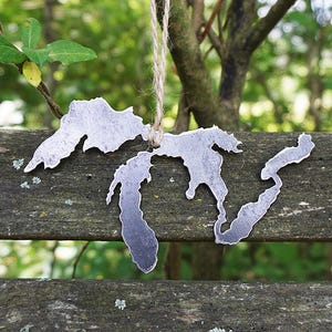 Great Lakes Rustic Raw Steel Christmas Ornament Recycled Metal Lake life Tree Holiday Gift Wedding Favor By BE Creations