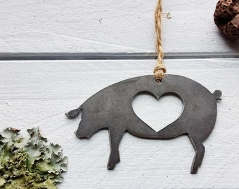 Pig Ornament Rustic Raw Steel Farm Animal Bacon BBQ Ham Metal Heart Christmas Tree Ornament Wedding Favor By BE Creations