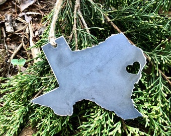 Texas State Ornament with tiny heart over Houston made from Recycled Rustic Steel Farmhouse Decor Hometown Pride Gift under 20 Housewarming