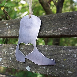 Cowboy Boot Metal Ornament with Heart Rustic Raw Steel Christmas Tree Holiday Host Gift Party Wedding Favor By BE Creations