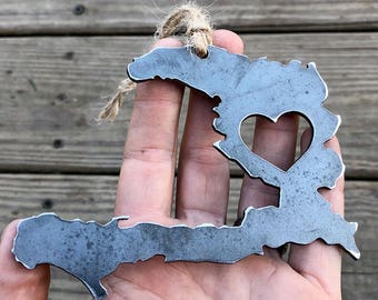 Haiti Ornament with heart made from Raw Steel Rustic Christmas Ornament Caribbean Island Wedding Steel Anniversary Gift Sustainable Gift