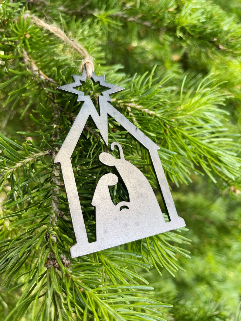 Nativity Christmas Ornament made from Raw Steel Farmhouse Rustic Christmas Tree Decoration Stocking Stuffer Christmas Gift Church Gift image 1
