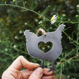 Chicken Hen Ornament with Heart made from Recycled Raw Steel Rustic Farmhouse Decor Farm Barn Homestead Farmstead Fresh Eggs Farm to Table image 3