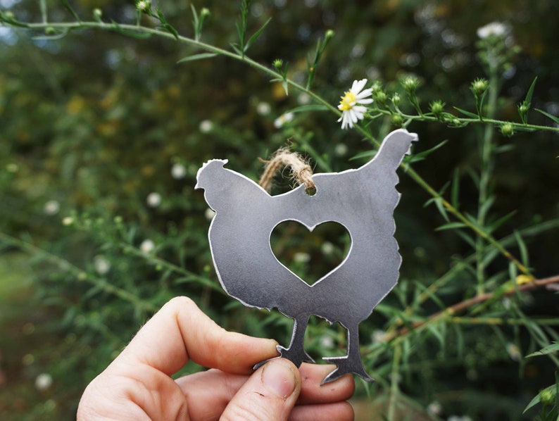 Chicken Hen Ornament with Heart made from Recycled Raw Steel Rustic Farmhouse Decor Farm Barn Homestead Farmstead Fresh Eggs Farm to Table image 3