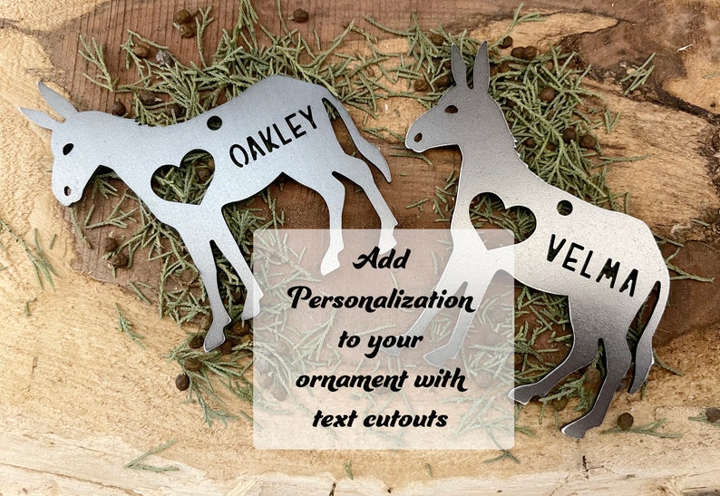 Donkey Ornament with heart made from Raw Steel Anniversary Jack Burro Arizona Grand Canyon Southwestern Desert Sustainable Ornament Up to 6 Characters