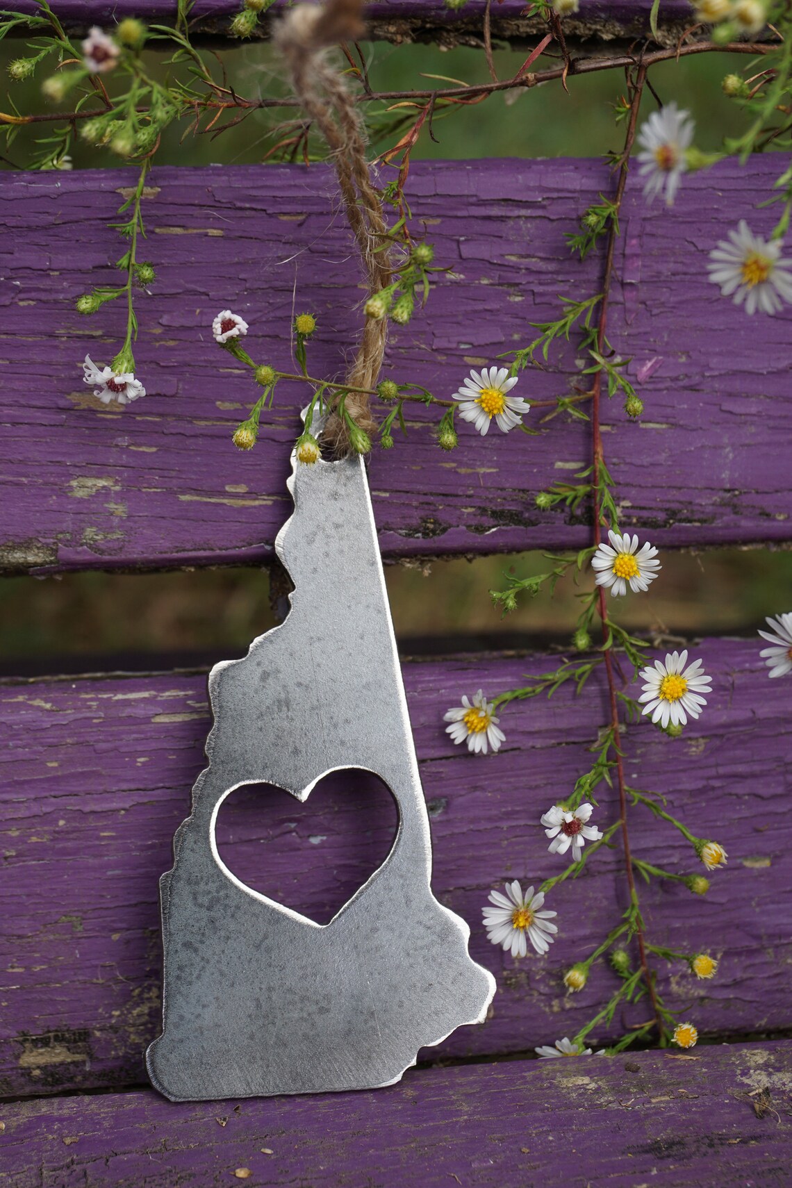 New Hampshire State Ornament With Heart Rustic Raw Steel Love NH ...