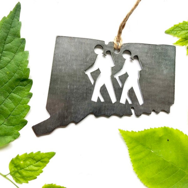 Connecticut State Hiker Ornament made from Raw Steel Anniversary Gift Wedding Gift Outdoor Adventure Gift Explore Trails Get Outside