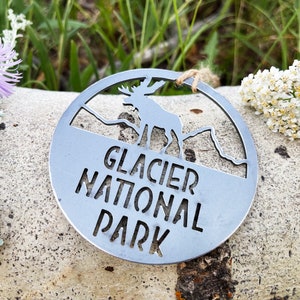 Glacier National Park Ornament made from recycled steel Montana Hiker Explore Adventure Into the Woods Climb Mountain Hiking Christmas Decor image 2