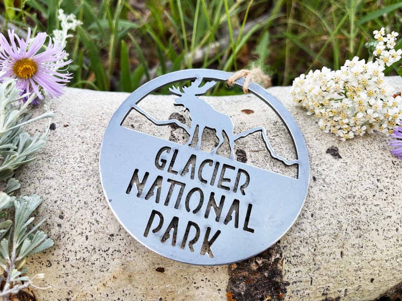 Glacier National Park Ornament made from recycled steel Montana Hiker Explore Adventure Into the Woods Climb Mountain Hiking Christmas Decor image 2