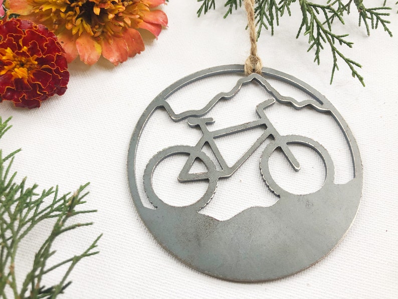 Mountain Biking Ornament made from 14g Raw US Steel Sustainable Gift Adventure Gift Explore Biking Gift Ride Bikes image 7