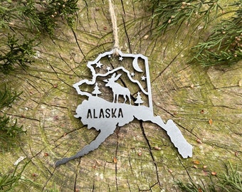 Alaska State Moose Mountain Scene Ornament made from Raw Steel Adventure Gift Sustainable Gift Explore the wild Frontier MADE in USA by US