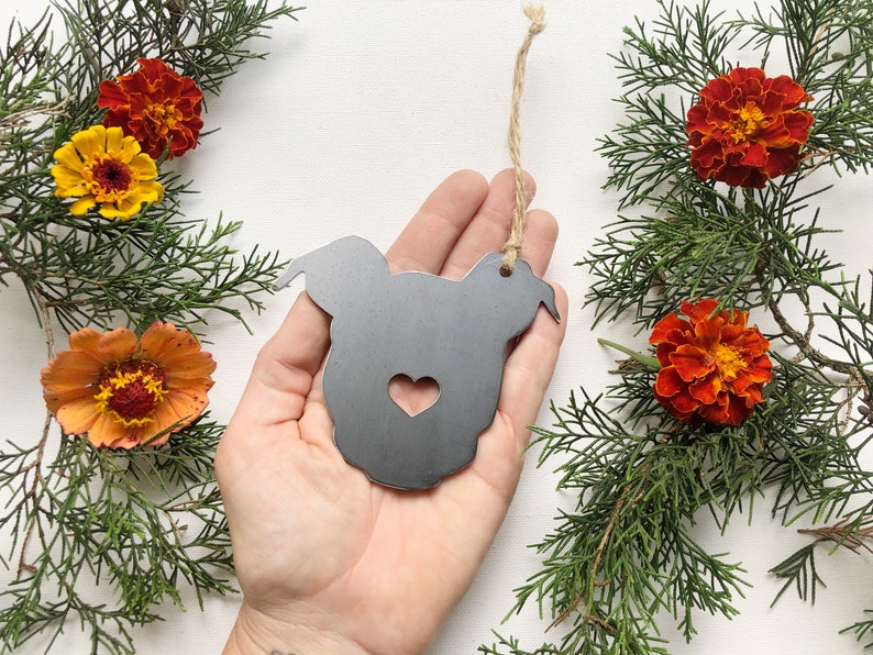 Puppy Dog Ornament with Heart Made from Recycled Raw Steel Metal Dog Ornament Christmas Tree Fur Baby Gift Rescue Dog Gift Pet Memorial image 2