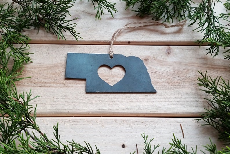 Nebraska State Ornament Made from Raw Steel Rustic Farmhouse Decor Wedding Favor Anniversary Gift Housewarming Gift Sustainable Gift image 1