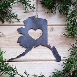 Alaska State Ornament Made from Recycled Raw Steel Christmas Tree Decoration Stocking Stuffer House Warming Gift Cabin Rustic Farmhouse image 9