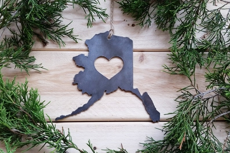 Alaska State Ornament Made from Recycled Raw Steel Christmas Tree Decoration Stocking Stuffer House Warming Gift Cabin Rustic Farmhouse image 9