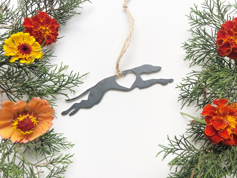 Greyhound Dog Ornament with Heart made from Recycled Raw Steel Rustic Farmhouse Pet memorial Pet Loss Gift Dog Love Sustainable Christmas image 6