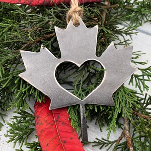 Fall Maple Leaf Christmas Ornament Vermont Canada Rustic Metal Heart Christmas Tree Ornament Holiday Gift Industrial Decor Wedding Favor image 3