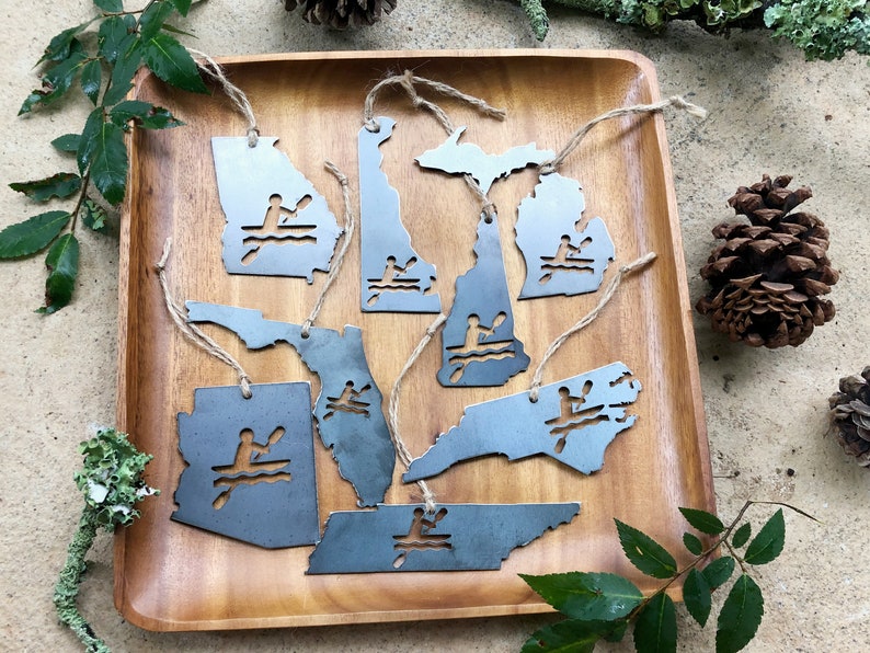 STATE Kayak Metal Ornament made from Raw Steel Sustainable Gift Explore White Water Adventure Gift River Lake Ocean Made in USA by US image 2