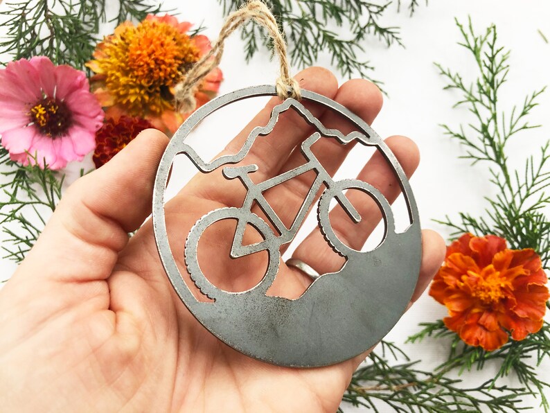 Mountain Biking Ornament made from 14g Raw US Steel Sustainable Gift Adventure Gift Explore Biking Gift Ride Bikes image 8